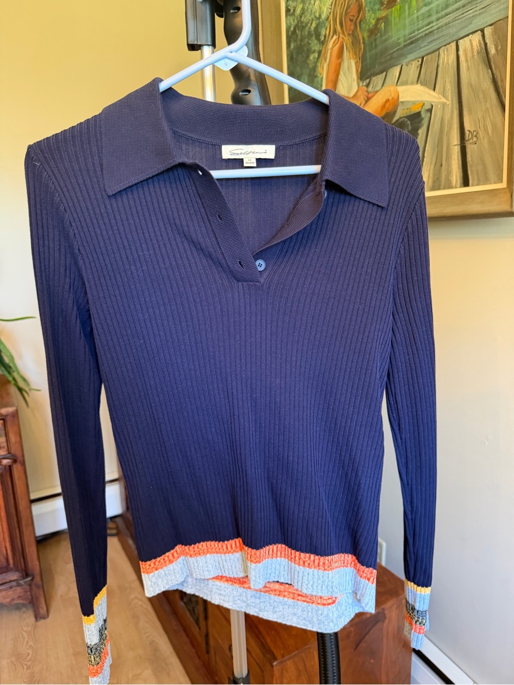 New Smythe Navy Ribbed Polo Top with Contrast Trim